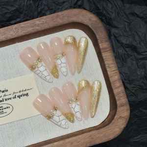 Luxury Handmade Press On Nails Long Stiletto Marble Crack Design Gold Glitter Rhinestone Artificial Pearl Elegant False Nails Women