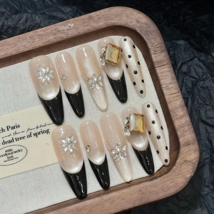 Faux Ongles à Coller Faits à la Main French Noire Oeil de Chat Long Cercueil Strass Scintillants à Pois Réutilisables Femme
