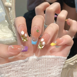 Hand-painted macaron tulip press-on nails with gradient cat-eye finish and rhinestones