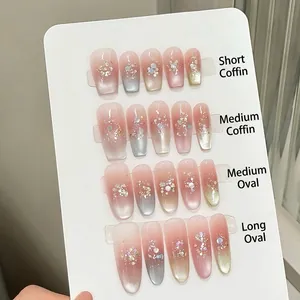 Handmade Cat Eye Press On Nails Pink Gradient Shimmer Glitter Rhinestone Luxury Artificial Fingernails For Women Daily Decoration