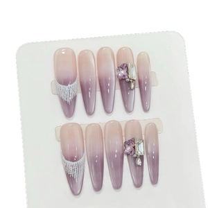 Handmade taro purple gradient press-on nails with 3D crystal bows and pearls