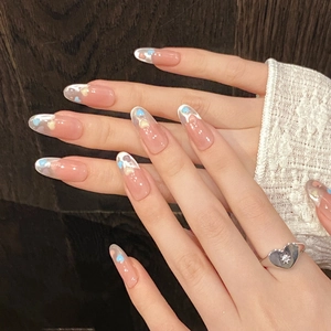 French cat-eye press-on nails with almond shape and colorful heart pattern designs