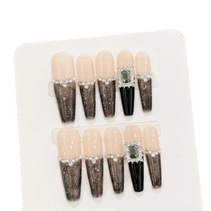 Elegant French black gradient press-on nails with pearls and luxury crystal embellishments