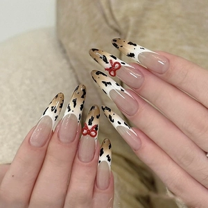 Handmade French Leopard Print Press On Nails With 3D Bow Knot Design Elegant Almond Coffin Shape Reusable False Nails Women
