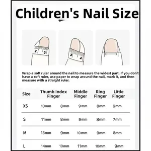 Size guide for children's cartoon press-on nails featuring detailed measurement instructions