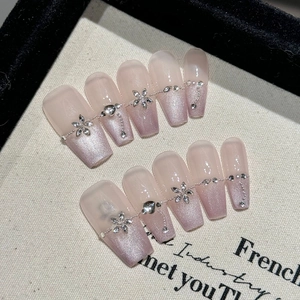 Handgefertigte Lavendelviolett Katzenauge Französisch Künstliche Fingernägel Sarg Lang Pink Strass Blume 10Stück Set