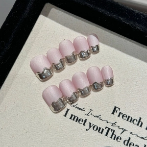 Handmade Pink Cat Eye Press On Nails With Silver Mirror French Tip Short Coffin Matte Fake Nails For Women Daily Wear