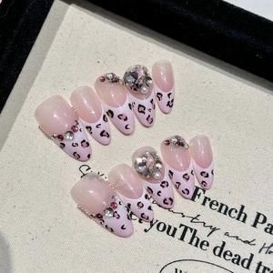 Handmade Pink Leopard French Press On Nails With Heart Rhinestone Long Almond Shape Nude Artificial Nails For Women