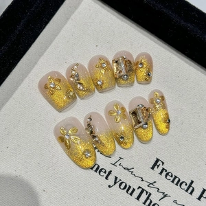 Handmade Luxury Gold Glitter Press On Nails With 3D Flower Rhinestone French Style Glossy Fake Nails Set For Women Party