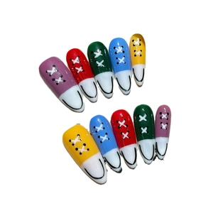 Handmade long press-on nails featuring a colorful five-color canvas sneaker shoe design