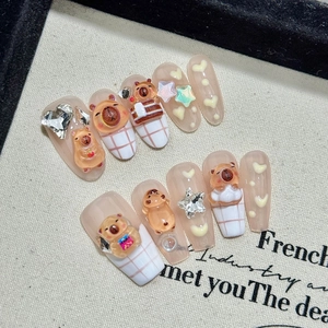 Handmade Cute Cartoon Bear Capybara Press On Nails Coffin Oval Shape Relief Rhinestone False Nail Tips For Women Decorative