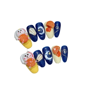 Press-on nail set with 3D rabbits, moon, and clouds for Mid-Autumn Festival theme