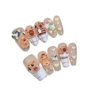 Handmade long ballerina press-on nails with cute 3D Capybara and white plaid patterns