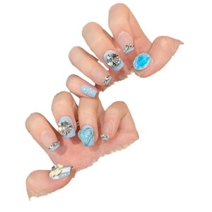 Handmade short trapezoid press-on nails with blue French gradient, bow and rhinestones