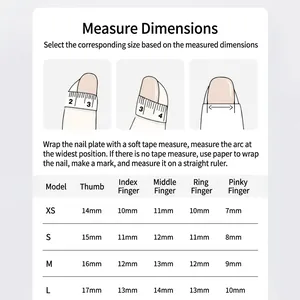 Size guide for cat-eye press-on nails showing XS to L measurements and how to measure