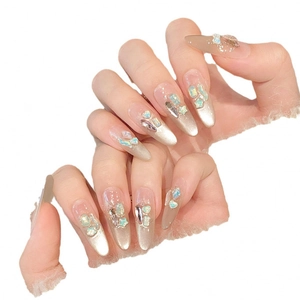 Handmade press-on nails with champagne cat-eye finish, rhinestones, and star accents