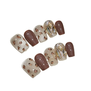 Faux ongles faits main motif léopard marron avec effet œil de chat doré, set de 10