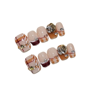 Handmade brown and red plaid press-on nails set with pearls and rhinestones decoration