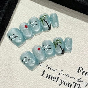 Handmade Press On Nails Cat Eye Blue Coconut Tree Seagull Pattern Summer Beach Tropical Style 3D Water Drops False Nails
