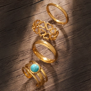 Bague Ajustable en Acier Inoxydable Cœur Creux pour Femmes Hommes Bohême Vintage Insertion de Turquoise Artificielle Bijoux de Mode Bague de Doigt