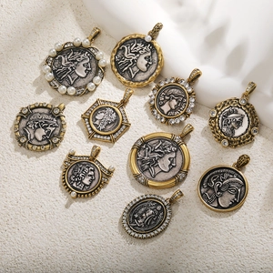 Vintage Copper Ancient Coin Relief Pendant With Rhinestone Artificial Pearl Greek Roman Portrait Mythology Jewelry Findings Queen Pendant