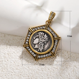 Vintage gold hexagonal pendant with silver goddess relief coin and zircon stones