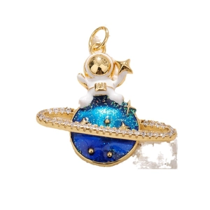 Creative astronaut planet pendant with blue opal and sparkling zircon gold ring