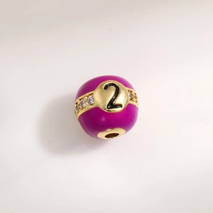 Purple enamel bead charm with golden number 2 and zircon inlay for DIY bracelet