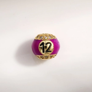 Purple billiard number 12 charm bead with sparkling rhinestones in gold plating