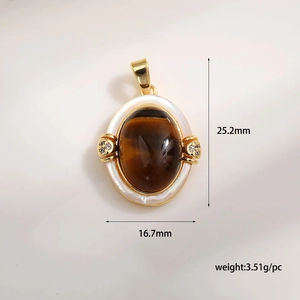 Vue détaillée du pendentif ovale en oeil de tigre avec dimensions de 25,2mm de haut et 16,7mm
