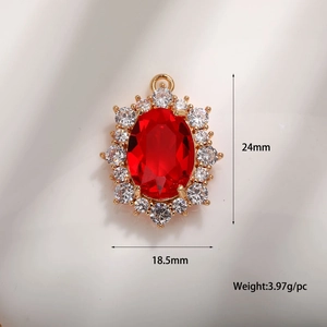Red oval crystal pendant with white zircon halo on gold base, 24mm size view