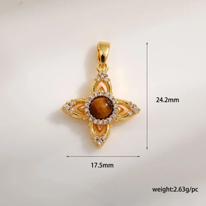 Pendentif croix en œil de tigre doré avec zircons et dimensions précises indiquées