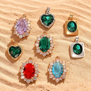 DIY Copper Pendant Gold Silver Plated Emerald Purple Red Zirconia Heart Oval Water Drop Crystal Pendant Jewelry Making Charms