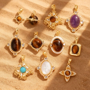 Pendentif en Pierre Naturelle Vintage Pour DIY Bijoux Cuivre Plaqué Or Oeil De Tigre Améthyste Coeur Croix Pendentif Collier