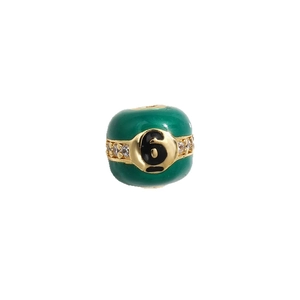 DIY billiard ball bead number 6 in green enamel with gold plating and white zircons