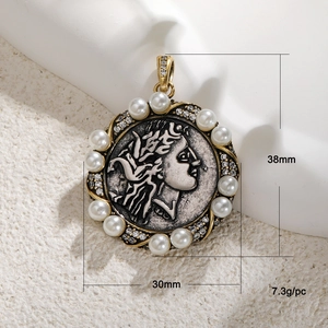 Detailed close-up of antique portrait coin pendant with measurements 38mm by 30mm