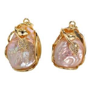 Baroque pearl leaf pendants with gold wire wrap and sparkling stones in symmetrical view