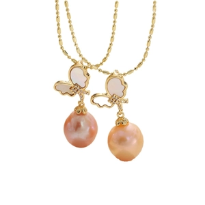 Elegant butterfly mother-of-pearl pendant with baroque pearls on a gold-plated beaded chain