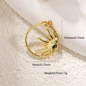 Detailed size view of gold sun pendant with dimensions 19.6mm height and 18mm width