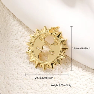 Detailed macro view showing sun and moon pendant dimensions 20.9mm by 20.7mm in gold finish