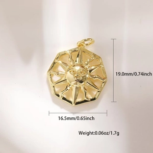 Macro detail of gold sun pendant with dimensions showing 19.0mm height and 16.5mm width