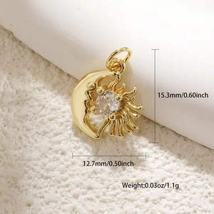 Detailed macro view showing the precise dimensions of a gold sun and moon zircon pendant