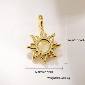 Detail view of gold sun pendant showing dimensions 17x12mm and 1.0g weight specifications