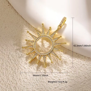 Macro detail of gold plated sun pendant with zircon inlay showing dimensions and weight