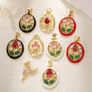 Detail of rose relief pendants with colorful rhinestones and enamel flower charms