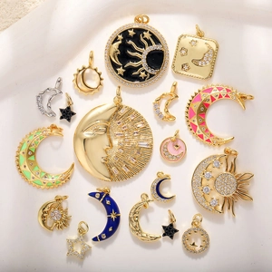 18K Vergoldet Kupfer Himmlischer Anhänger Mond Stern Sonne Emaille Zirkonia DIY Schmuckherstellung Anhänger Für Damen