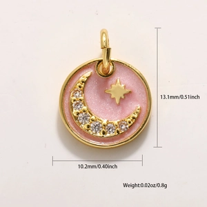 Detailansicht 18k Gold Mond-Stern-Anhänger Maße mit rosa Emaille und Zirkonia