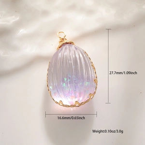 Detailed view of lavender resin teardrop pendant with dimensions 27.7mm by 16.6mm