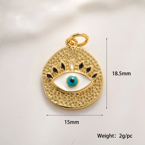 Detail shot of a 15x18.5mm gold evil eye pendant with blue enamel and dimensions