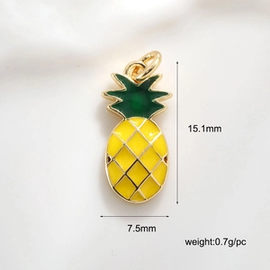 Detail showing a yellow enamel pineapple pendant with measurements 15.1x7.5mm and weight 0.7g